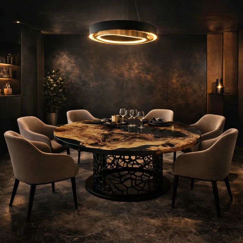 Masa dining Echoes of Nature din lemn si rasina integrare în design interior modern